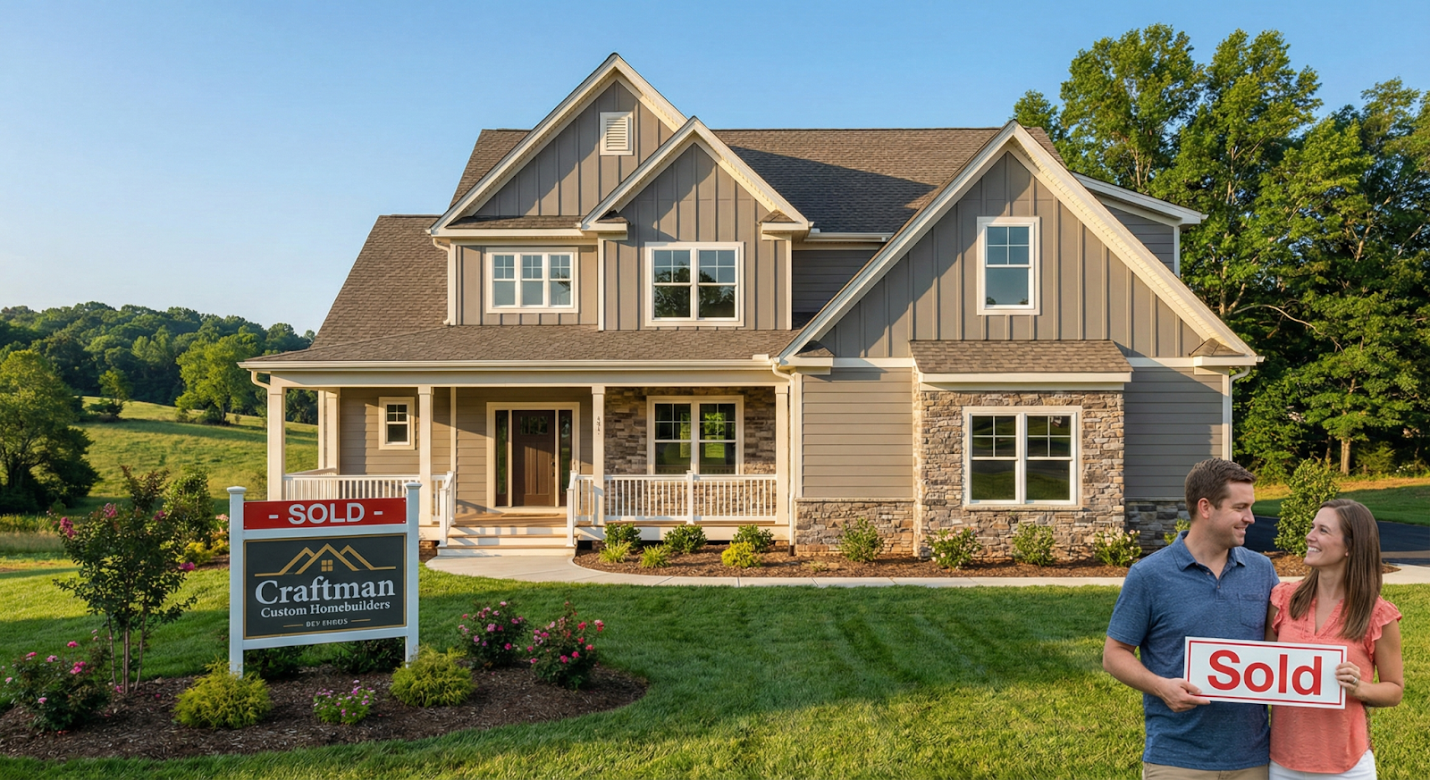 Couple holding "Sold" sign in front of Craftsman Custom Homebuilders house in Lynchburg, VA, showcasing a successful custom home build.