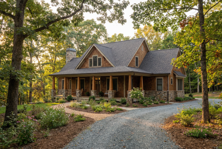 Craftsman-style custom home surrounded by trees in Central Virginia, featuring a stone porch, shingle siding, and landscaped garden, ideal for homeowners seeking personalized home-building experiences.