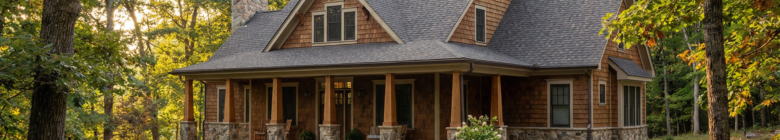 Craftsman-style custom home surrounded by trees in Central Virginia, showcasing a welcoming porch and natural materials, reflecting the unique home-building services of Craftsman Custom Homebuilders.