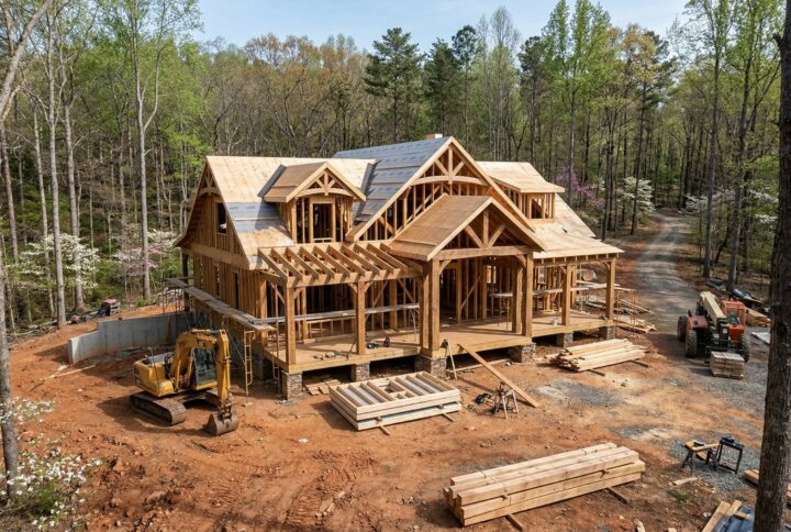 Custom home under construction in a wooded area of Central Virginia, showcasing a craftsman-style design with exposed wooden beams and a partially completed roof, surrounded by construction materials and equipment.