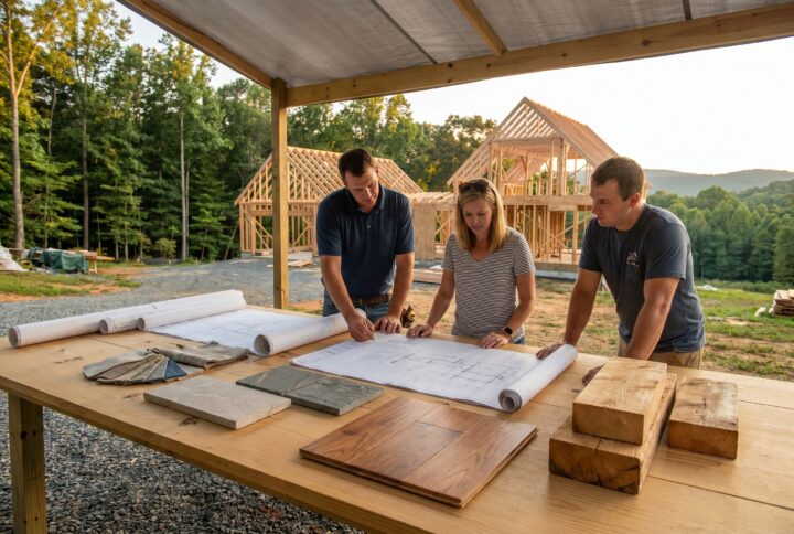 Three people reviewing blueprints and material samples at a construction site with partially built wooden structures in the background.