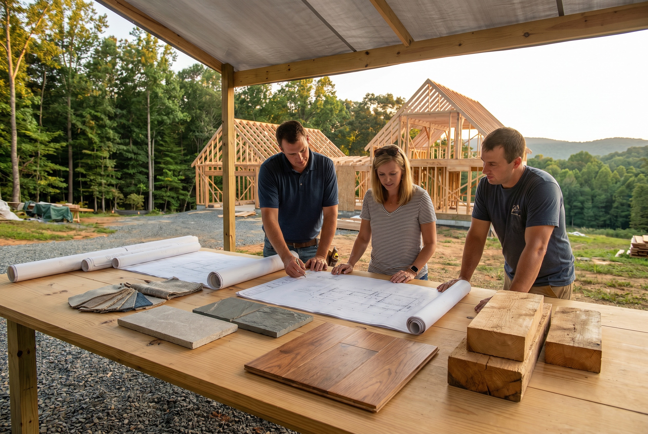 Three individuals reviewing construction plans and materials on a table, with framed houses under construction in the background.