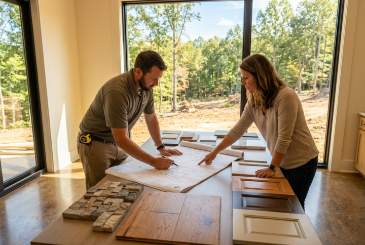 custom home floor plans being reviewed by a homebuilder and homeowner for a Central Virginia custom home