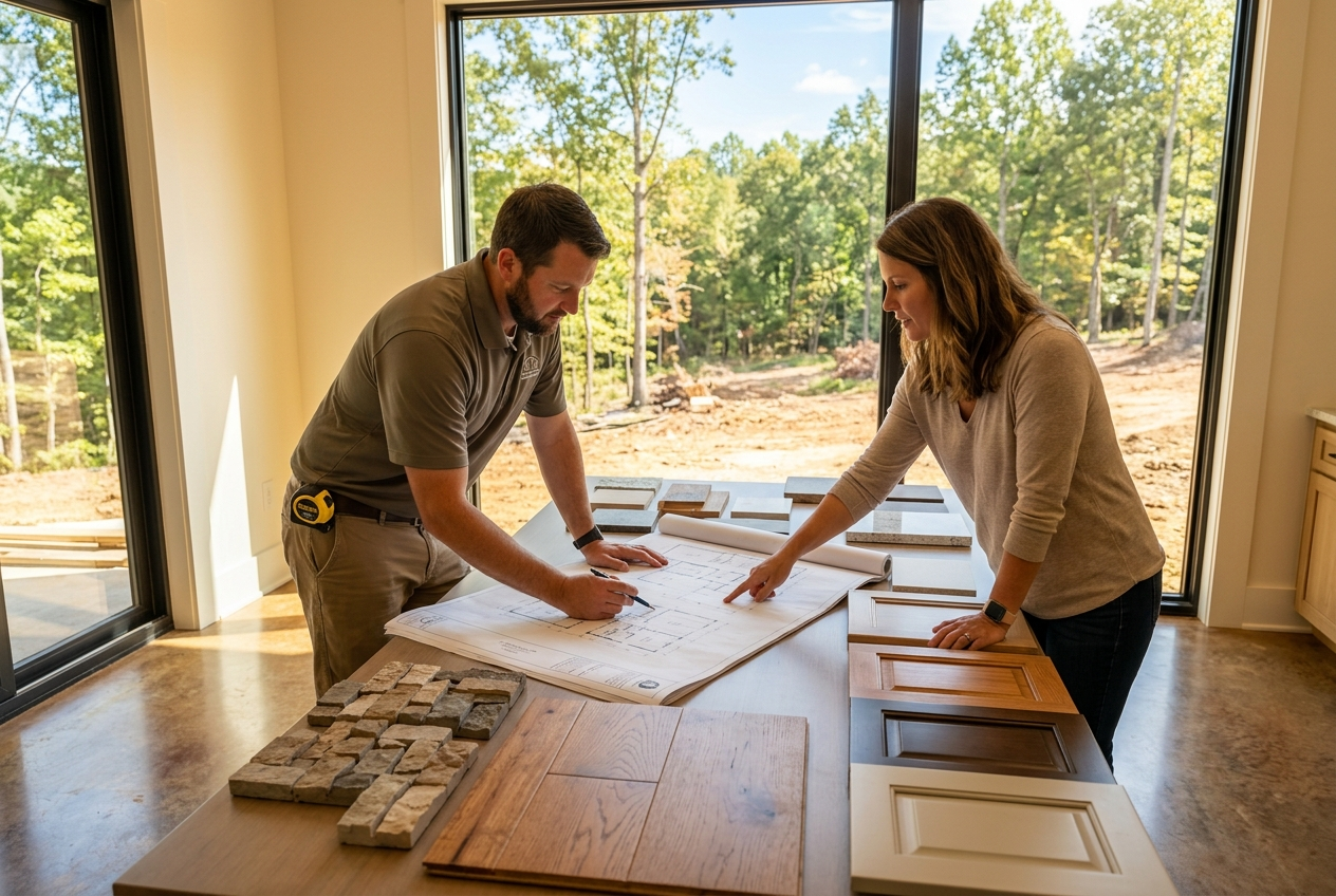 Two people reviewing architectural plans and material samples on a table.