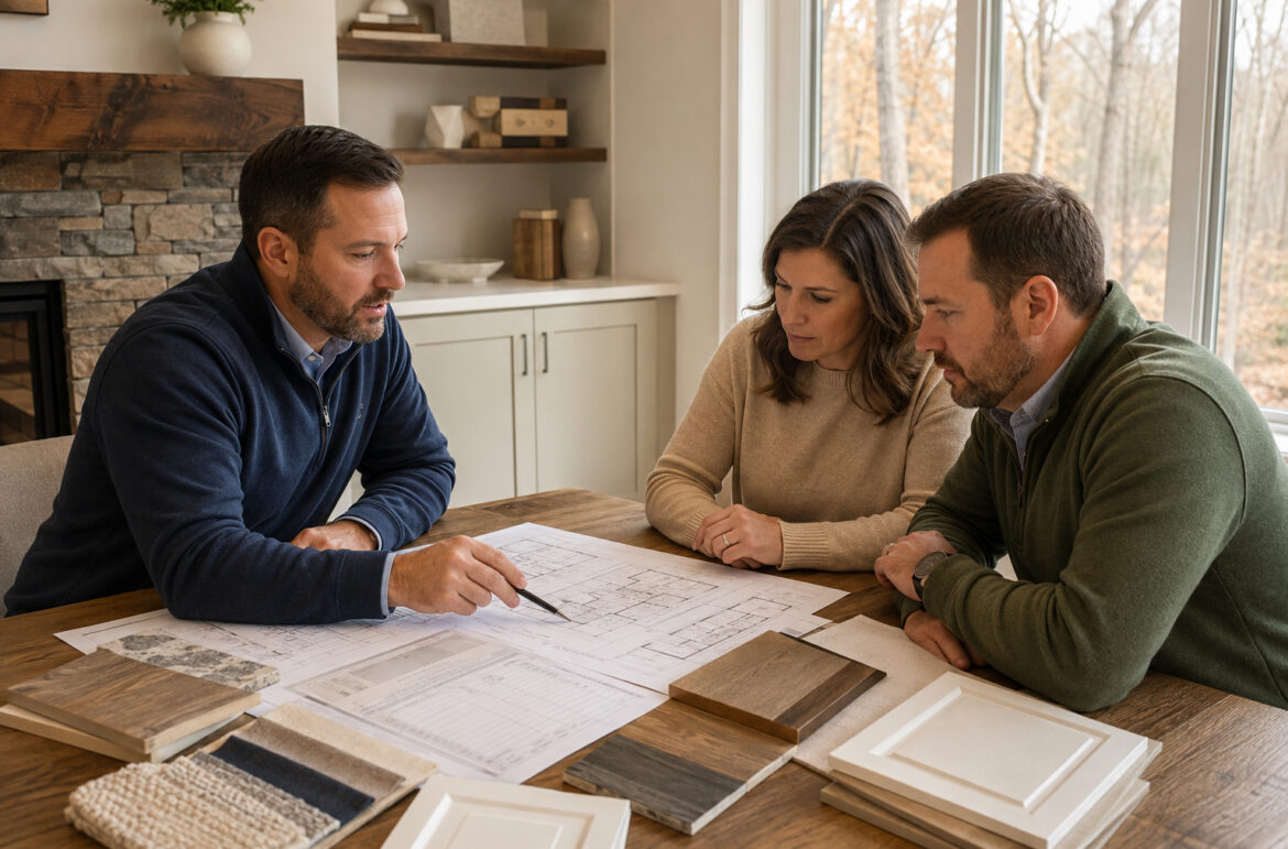Custom home building costs being discussed during a transparent pricing meeting.
