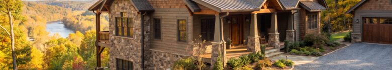 A newly built craftsman style home on a sloped lot in the foothills of Virginia's Blue Ridge Mountains.