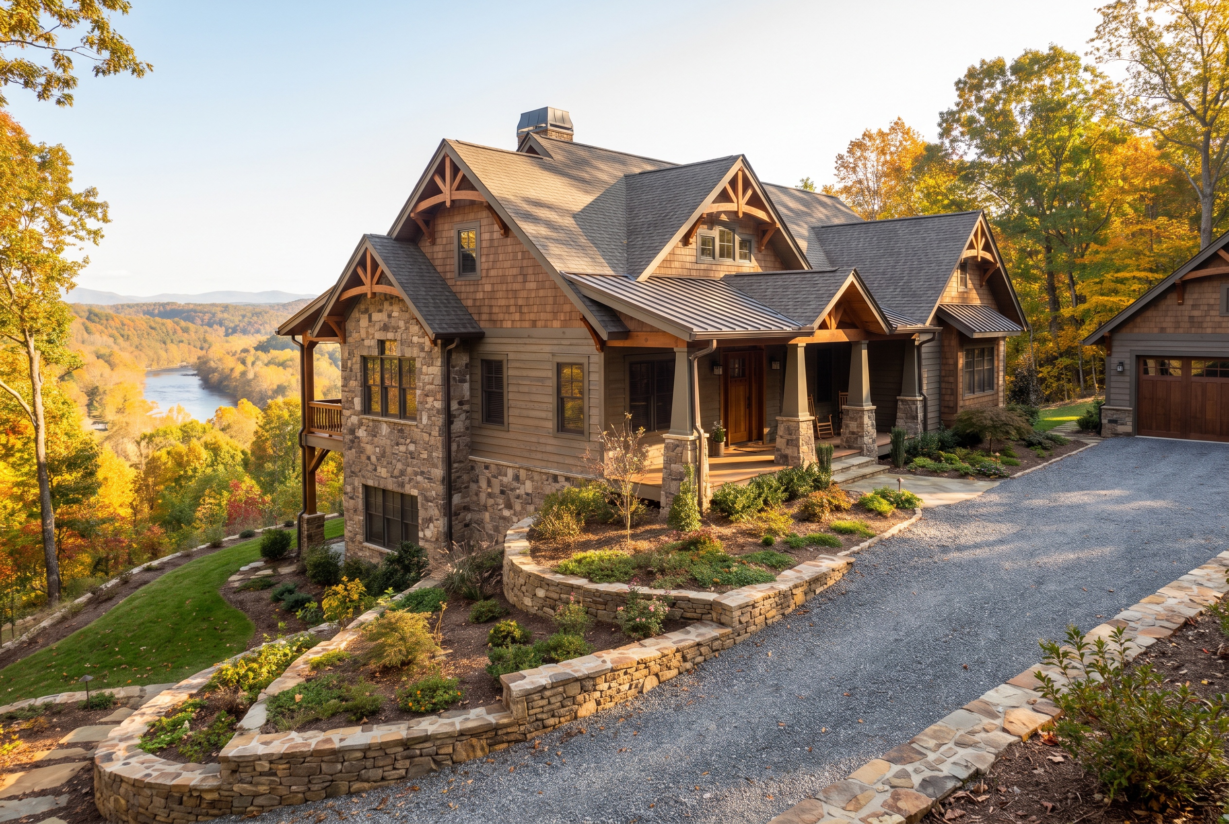 A newly built craftsman style home on a sloped lot in the foothills of Virginia's Blue Ridge Mountains.