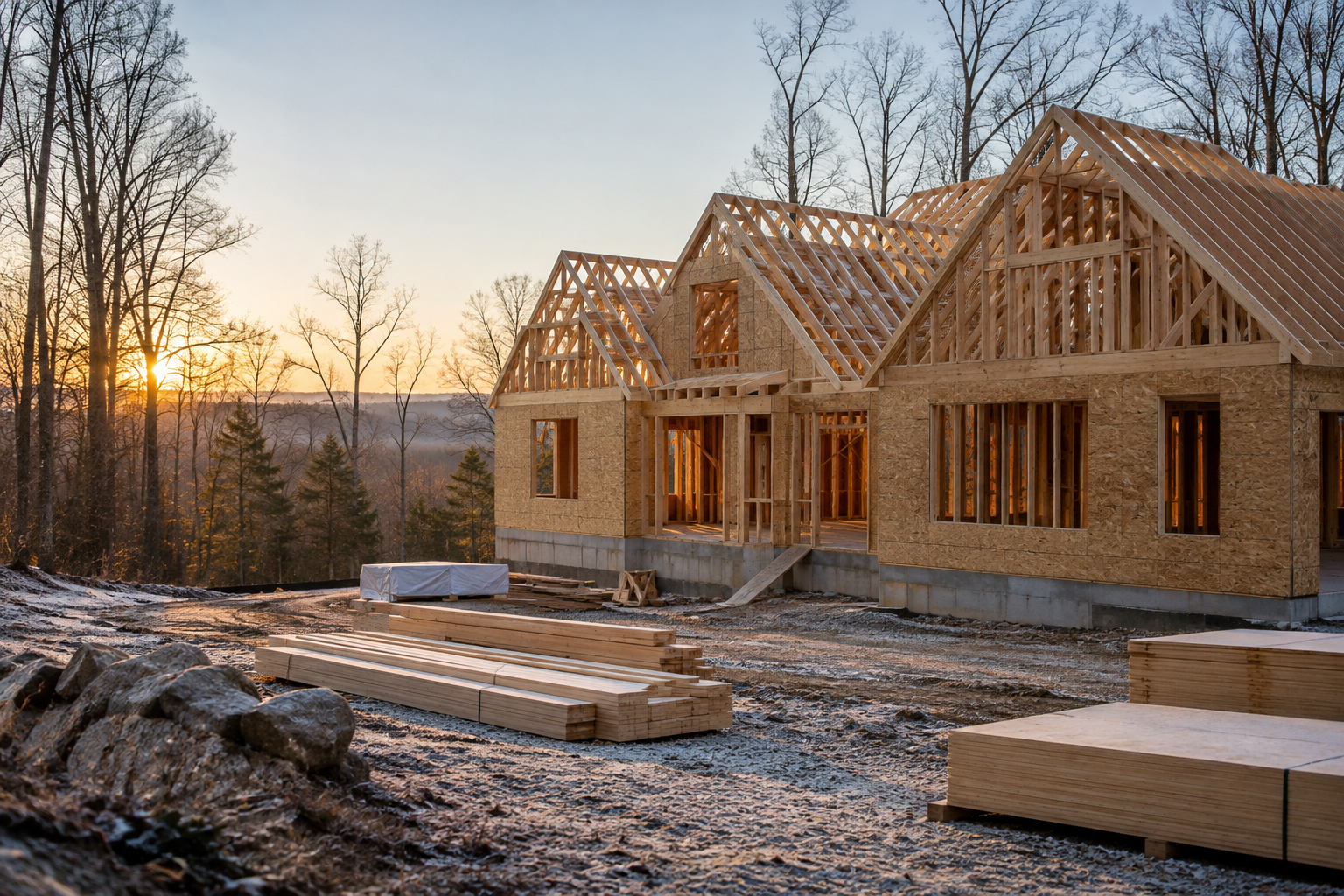 Building a house in winter on a custom home site in Central Virginia.