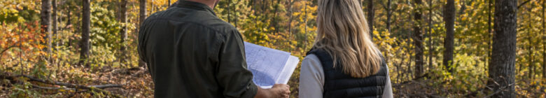 A homebuilder and homeowner standing on a wooded hillside and planning a custom home build in central Virginia.
