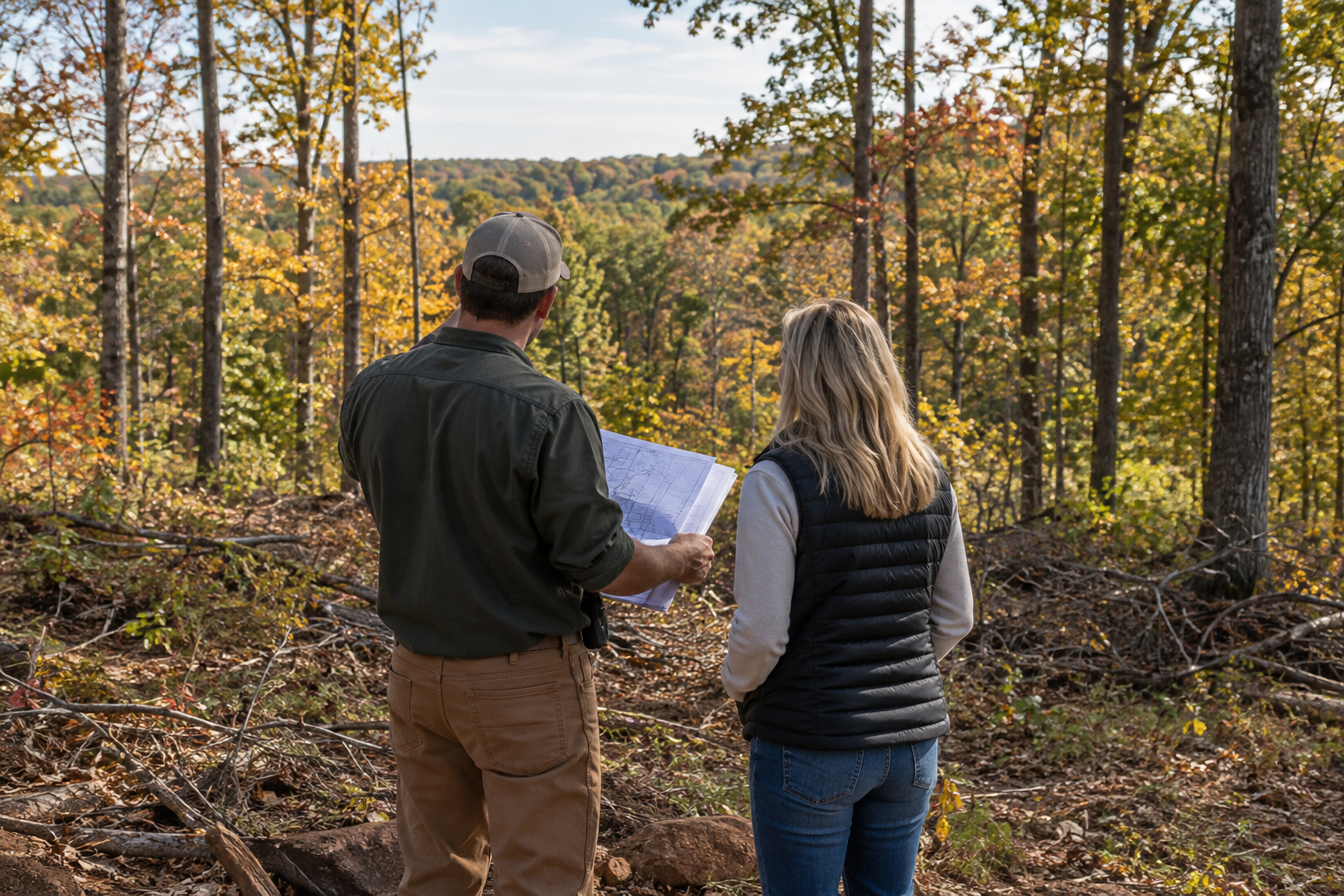 A homebuilder and homeowner standing on a wooded hillside and planning a custom home build in central Virginia.